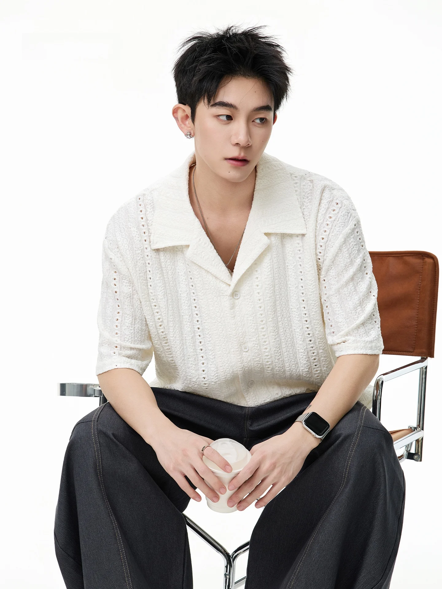 

Men's Cuban Collar irt Hollow out ort Sve Beach Summer Hawaiian irt Vintage Sle Breathable Casual Loose Fit