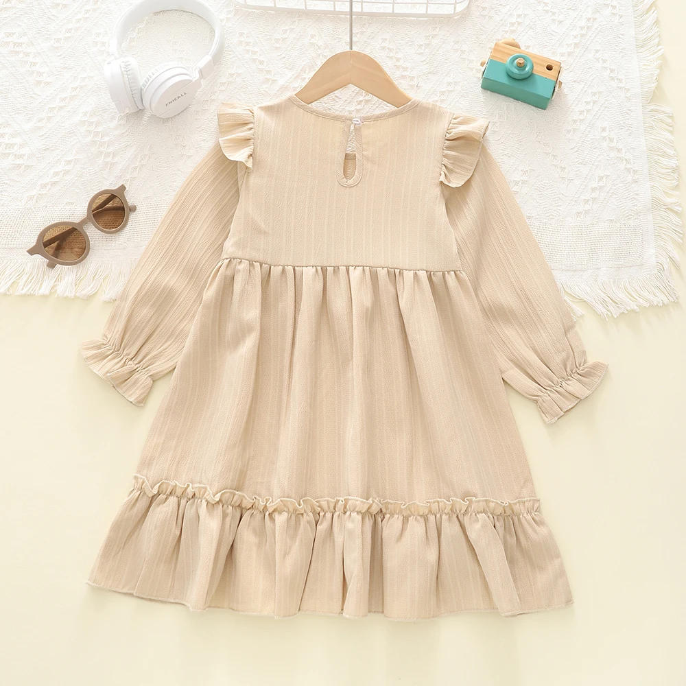 Spring And Autumnr Girls Dress French Long-sleeved Solid Color Flying Sleeve Pleated Hem Dress Princess Dress 3-7Y