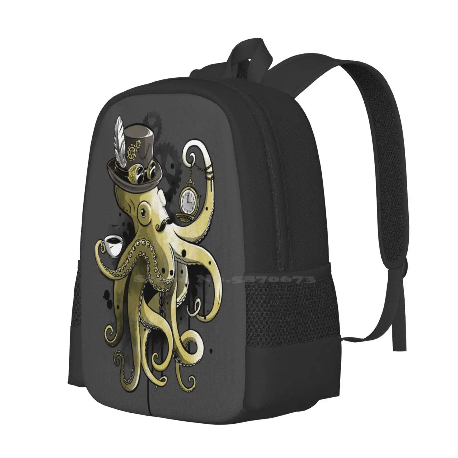 Steampunk Octopus Gold Watercolor Backpack For Student School Laptop Travel Bag Steampunk Gears Vintage Kraken Mechanical