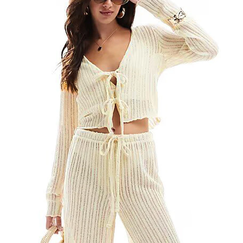 Women\'s Linen Homewear Two-Piece Set Chic New Spring Casual Loose Long-Sleeved Cardigan Tops Long Pants Thin Pajama Suits