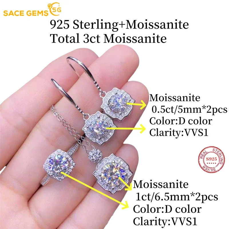 SACEGEMS 3ct Moissanite Jewelry Set 925Sterling Silver Ring Earrings Necklace 3Piece Set Fine Jewelry Wedding Party Wedding Sets