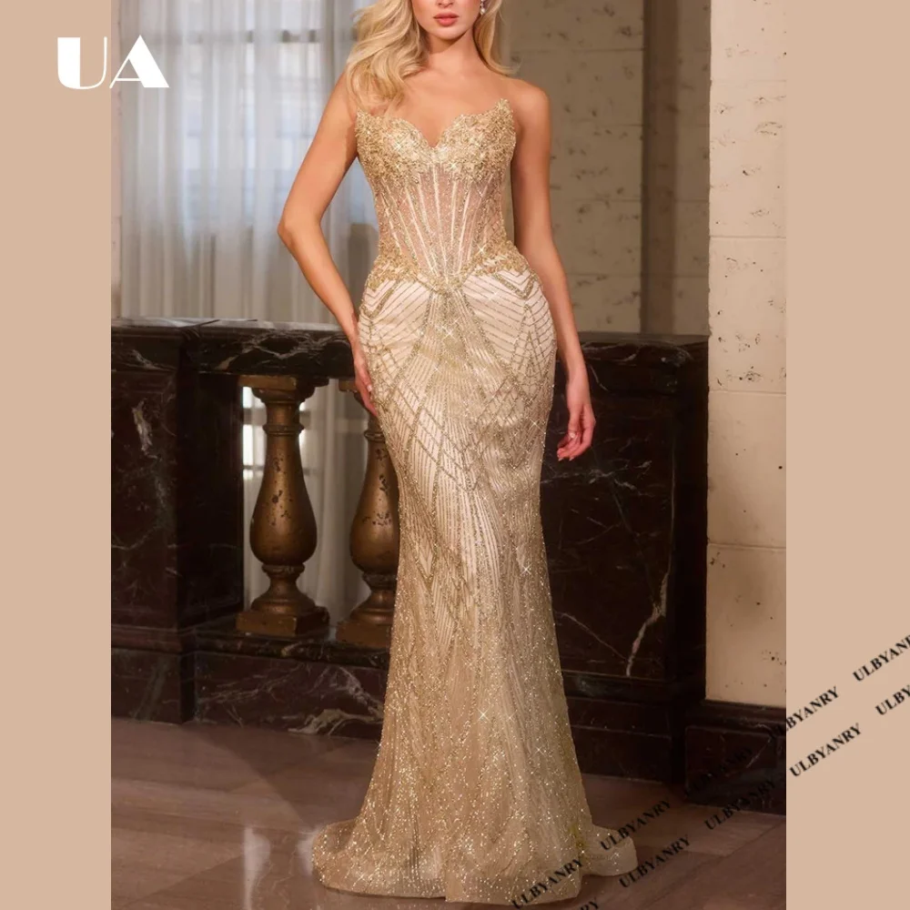 

Exquisite Mermaid Strapless Beading Evening Dress for Woman, Elegant Corset Sequins Prom Dress, Customized Lace-up Party Dress