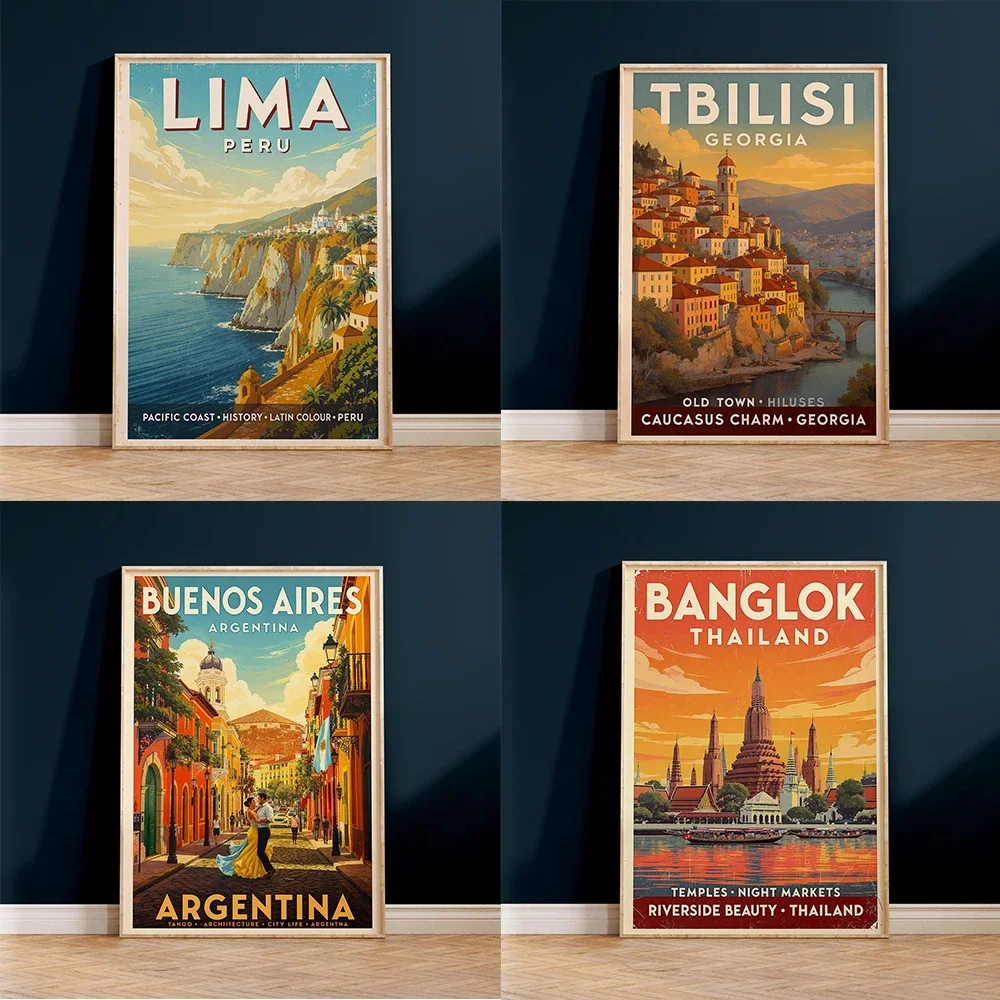 1pc frameless Canvas Painting Vintage Thailand Travel Poster Retro Bangkok Print Landscape Argentina Travel Poster Retro Mid Cen