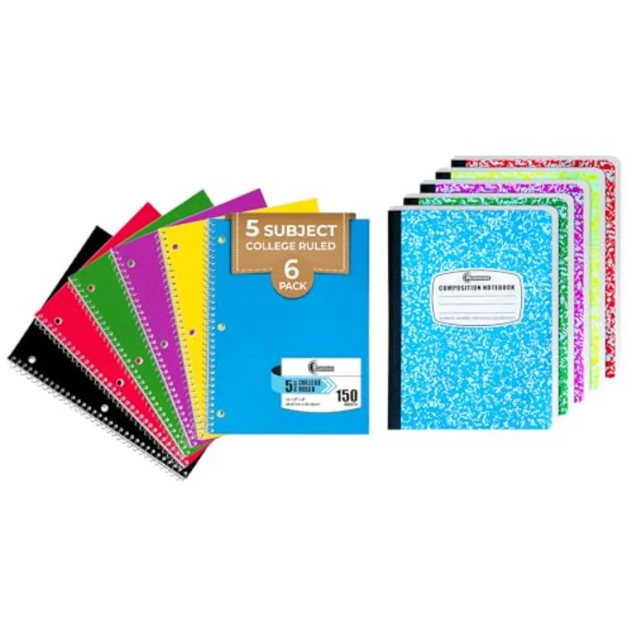 

Набор тетрадей для колледжа в линейку, 5 штук, 200 страниц (100 листов), твердая обложка, и 6 штук тетрадей на спирали, 5 предметов, 500 листов.