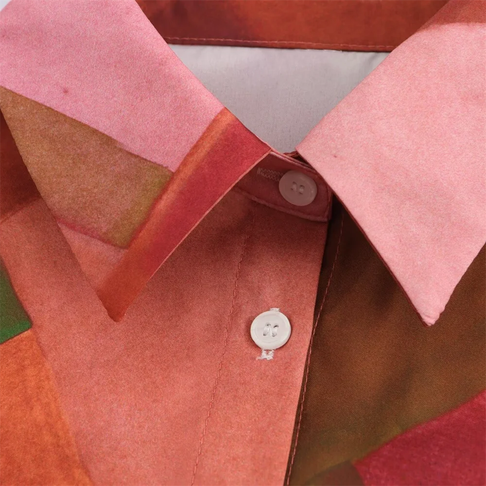 PB&ZA Womens Collared Button Up Blouse with Geometric Patchwork Pattern and Loose Fit for a Trendy and Comfortable Look