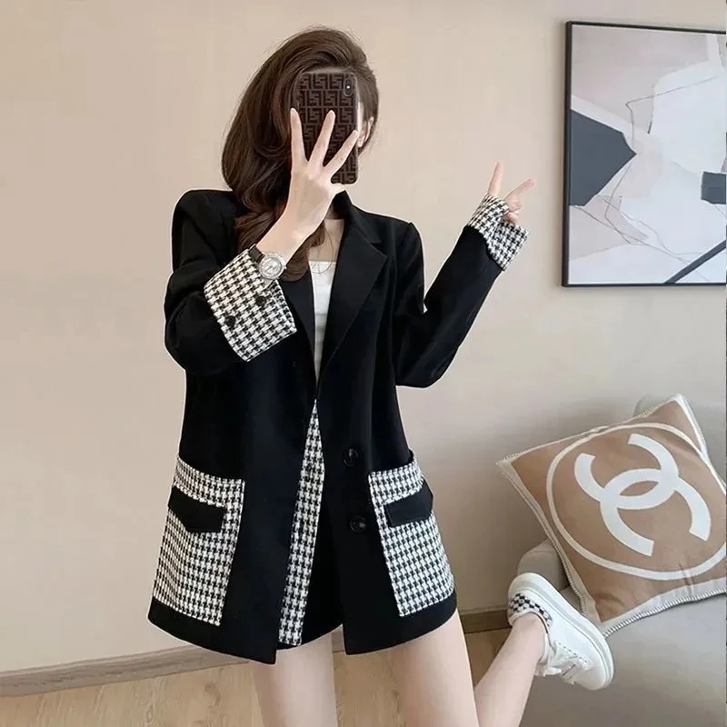 

Casaco Feminino High-End Design Splicing Black Suit Jacket Female Chic Single-Breasted Spring Autumn Coat Women's Blazer 2024