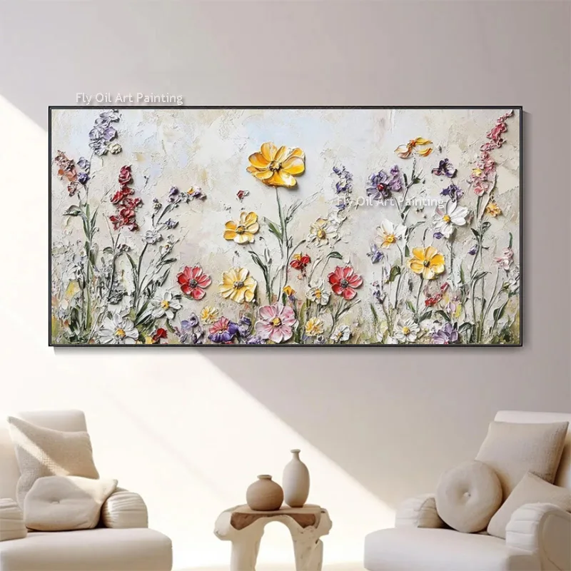 Large Blue And Beige Canvas Thick Tree Landscape Oil Painting Hand Drawn White Artwork Red Yellow Flowers Wall Art Decor