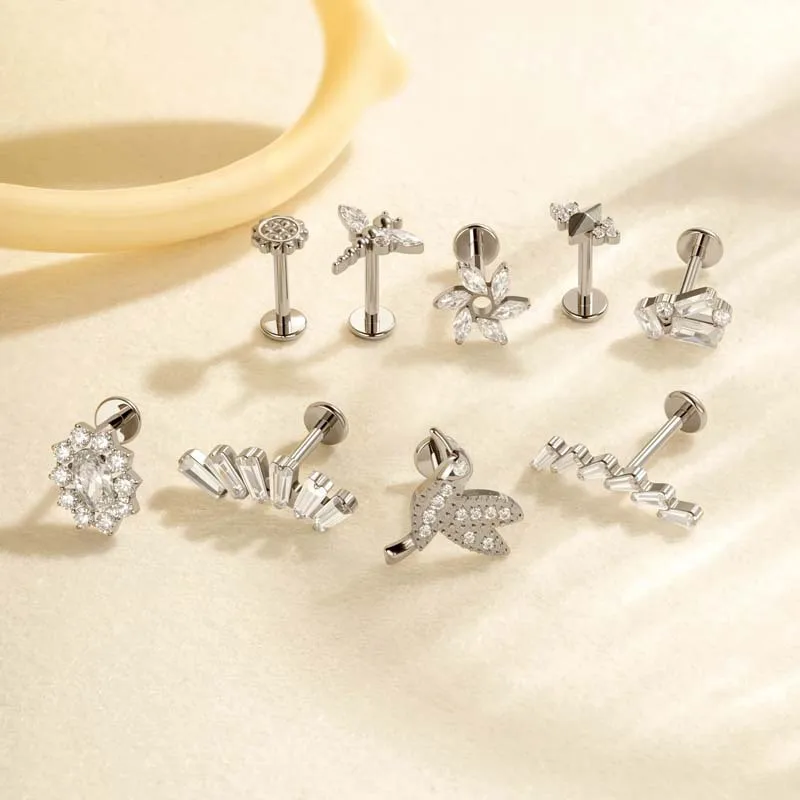 1PC G23 Titanium Piercing Internal Thread CZ Flower Labret Stud Flat Back Cartilage Tragus Stud Conch Earrings Piercing Jewelry