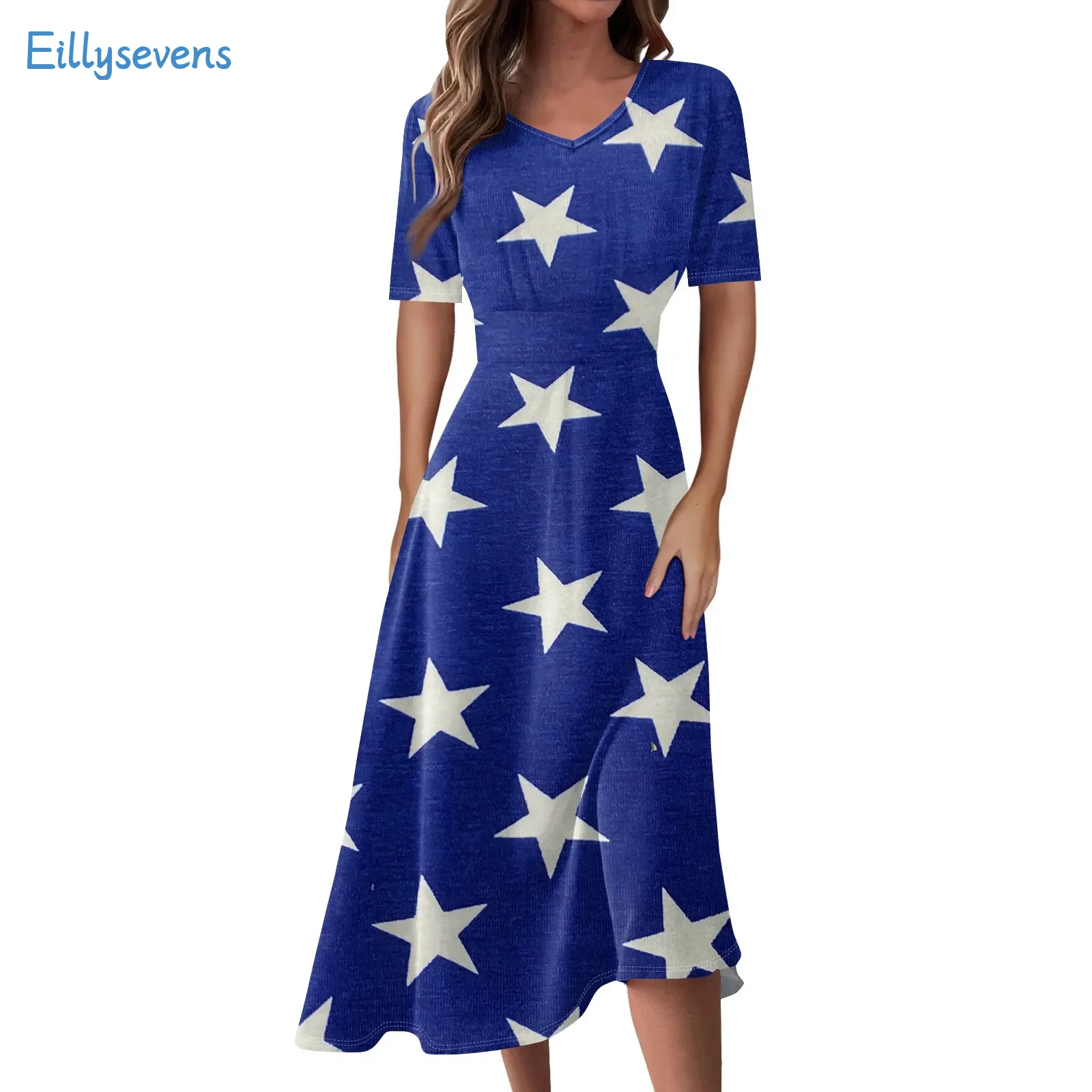 Ladies New Dress Casual Fashion Independence Day Themed Print Dress V-Neck Short Sleeve Waist Fitting Long Flowy Swing Dress