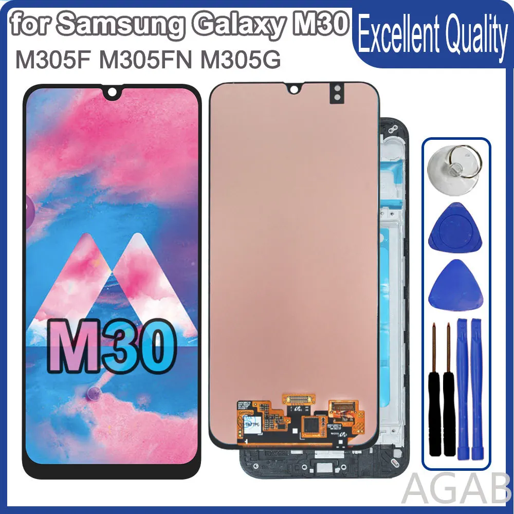 Премиум LCD-дисплей для Samsung M30, сенсорный экран, полностью собранная заменяемая деталь для телефона Samsung M30 M305F с рамкой.