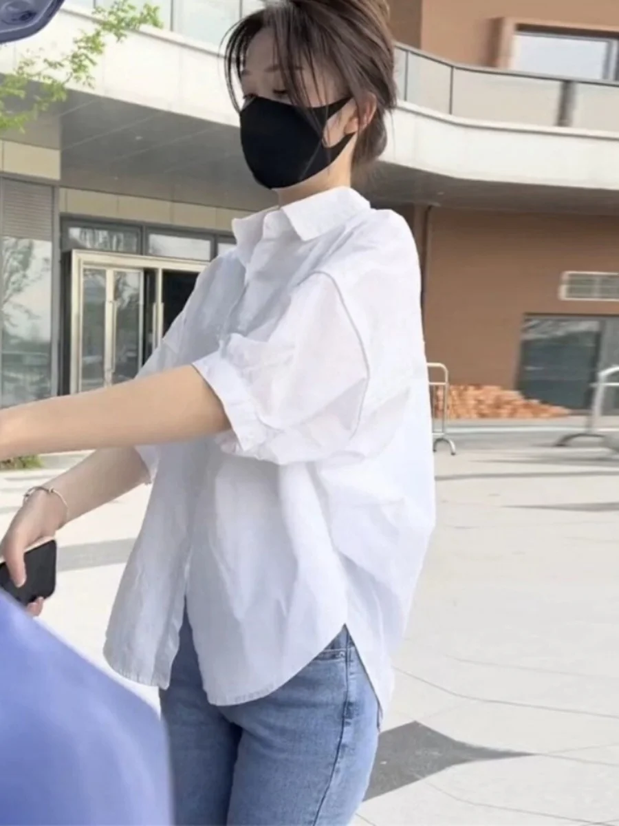 

Elegant Short Sleeve Women's Shirt White Top Fashionable Korean Style Loose Fit Commute Wear Polyester Fiber Square Collar