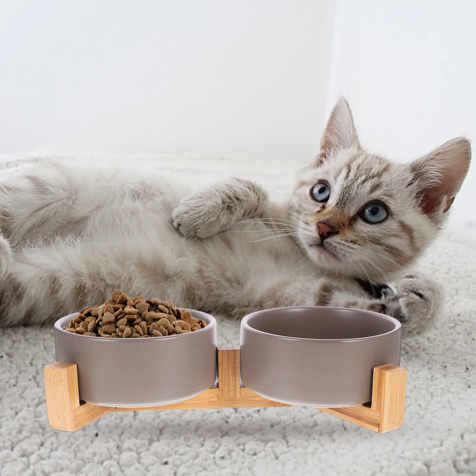 

Ceramic Dual Bowls Wooden Stand Black White Medium Size Anti slip Stable Feeder Dog Cat Water Food Bowl Durable Ceramic Pet