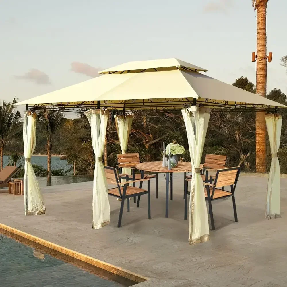 10' x 13' Two-Tier Gazebo with Removable Netting, 130 sq ft Shade Area, Perfect for Backyards, Decks, Gardens in Beige