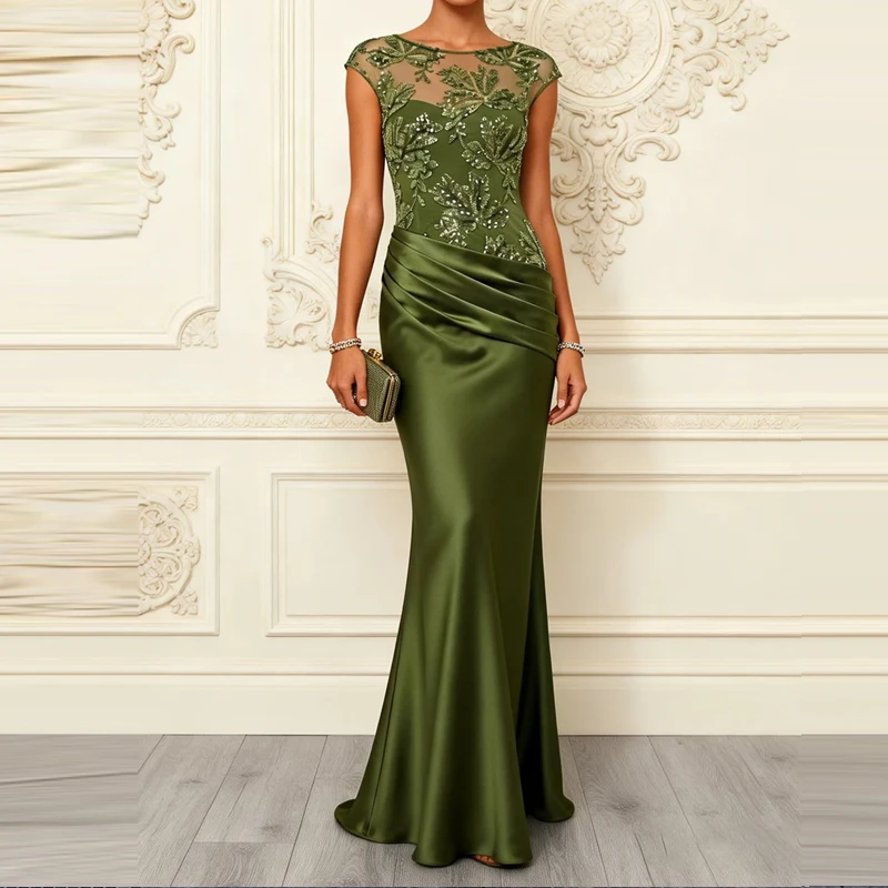 Elegant O-neck Sleeveless Solid Slim Long Dress Fashion Draped Backless Gown Sexy Embroidered Floral Splice Satin Fishtail Dress