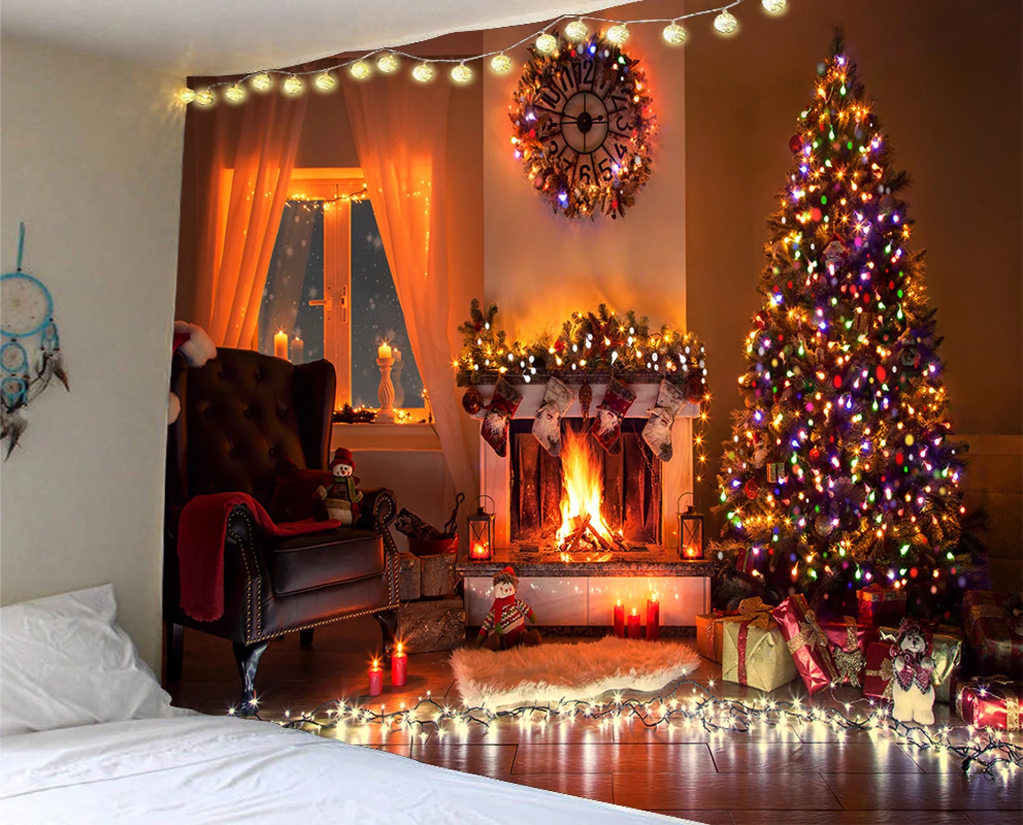 Christmas tapestry home decoration fireplace, Christmas tree socks print Santa Claus bedroom wall blanket background tapiz