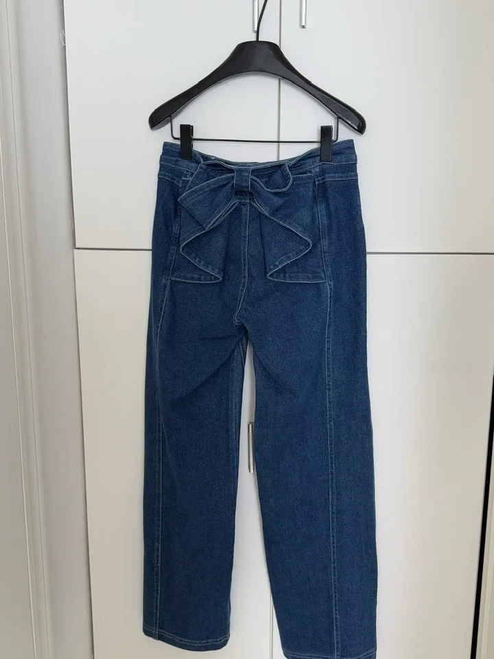 Retro American Waed Denim Jeans Women's Casual High Waist  Knot Design Autumn 2025 Straight Leg mid Stretch Blue