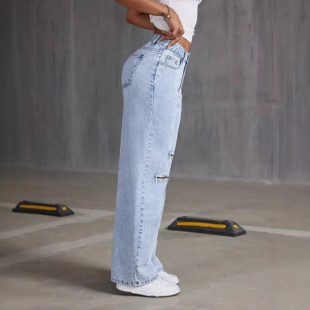 

2025 New Loose Light Blue Washed Wide-leg Jeans Solid Color Trousers