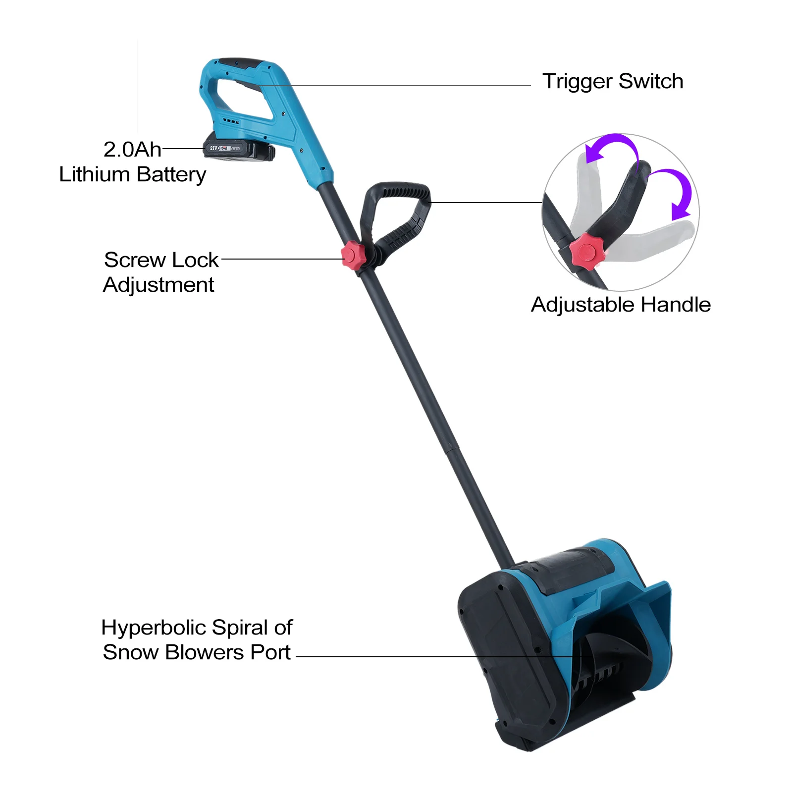 Snow Shovel 21V Battery Powered Snow Thrower Electric Snow Remover Brush Snow Blower with Auxiliary Handle 2.0Ah Li-ion Battery