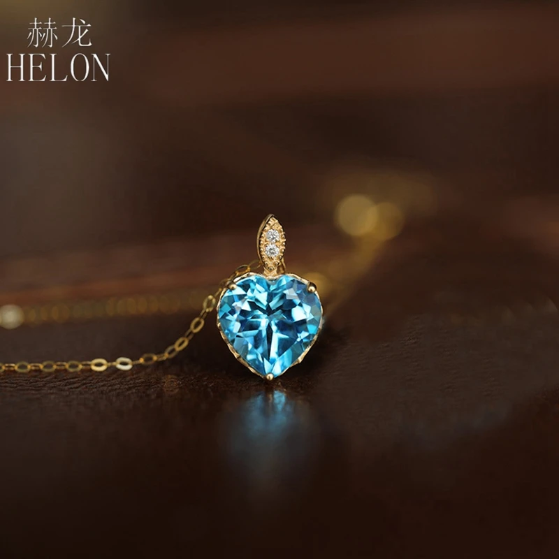 HELON Genuine 14K 10k Yellow/White/Rose Gold Pendant For Women Radiant Swiss Blue Topaz Diamond Fine Jewelry Pendant