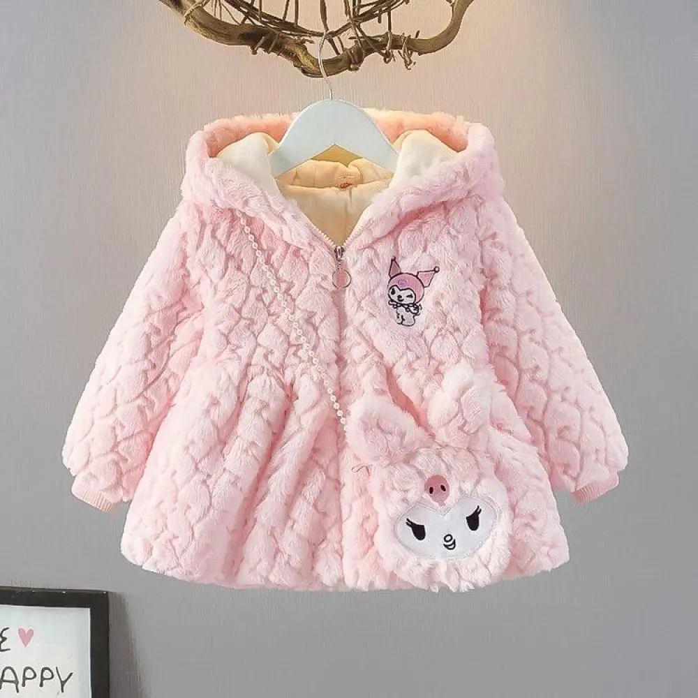 

New Kawaii Kuromi Anime Kids Plush Jacket Cartoon Sanrios Fashion Girls Hooded Tops Thicken Warm Lamb Wool Coat with Bag Winter