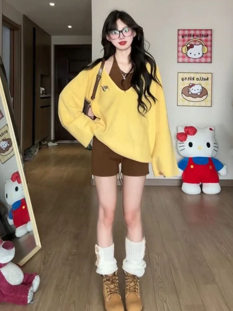 

Loose Korean Style Women's Long Sleeve Knitted Sweater Yellow V-Neck Embroidered Print Spring 2026 Casual Top Fashion