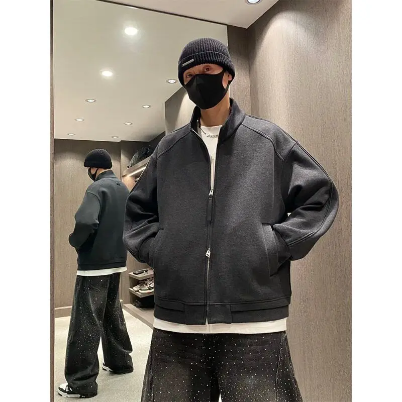 

American Sle Loose Fit Stand Collar Air Layer Cardigan Sweatirt Men's Spring New Arrival ort Outerwear Jaet