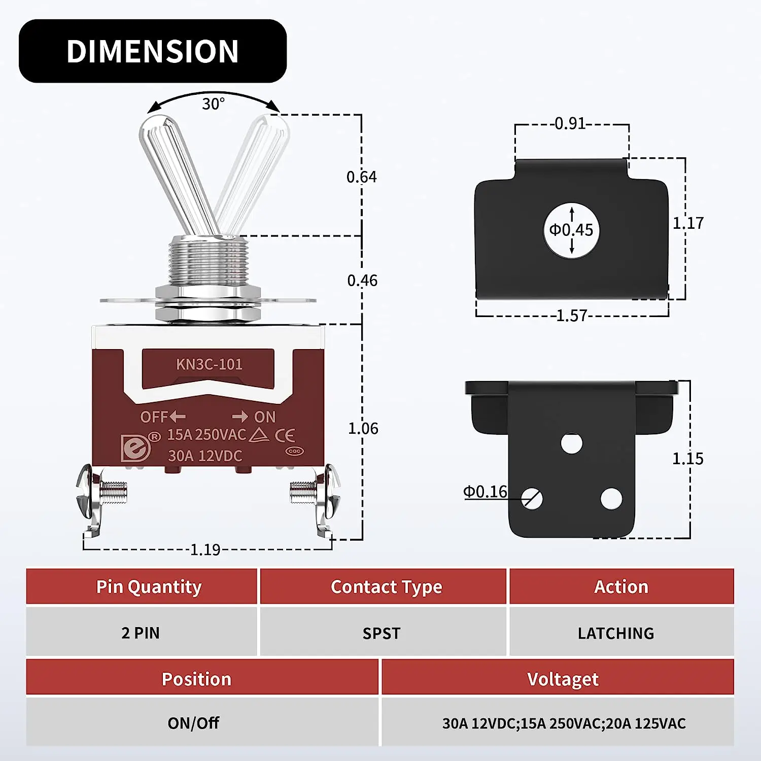 Waterproof ON Off Toggle Switch 2 Position 12V with Mounting Bracket 30A SPST Toggle Switch Panel Mount for Marine Boat Car Auto