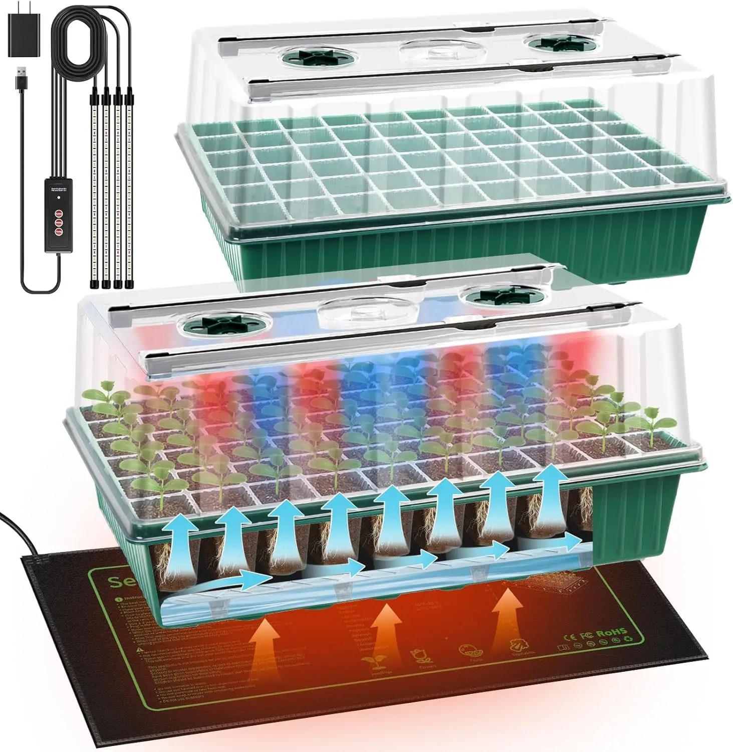 

Набор из 2 комплектов: 120-ячеечный набор для проращивания семян с греющим ковриком, поддоном для самополива и регулируемой фитолампой для проращивания растений в помещении
