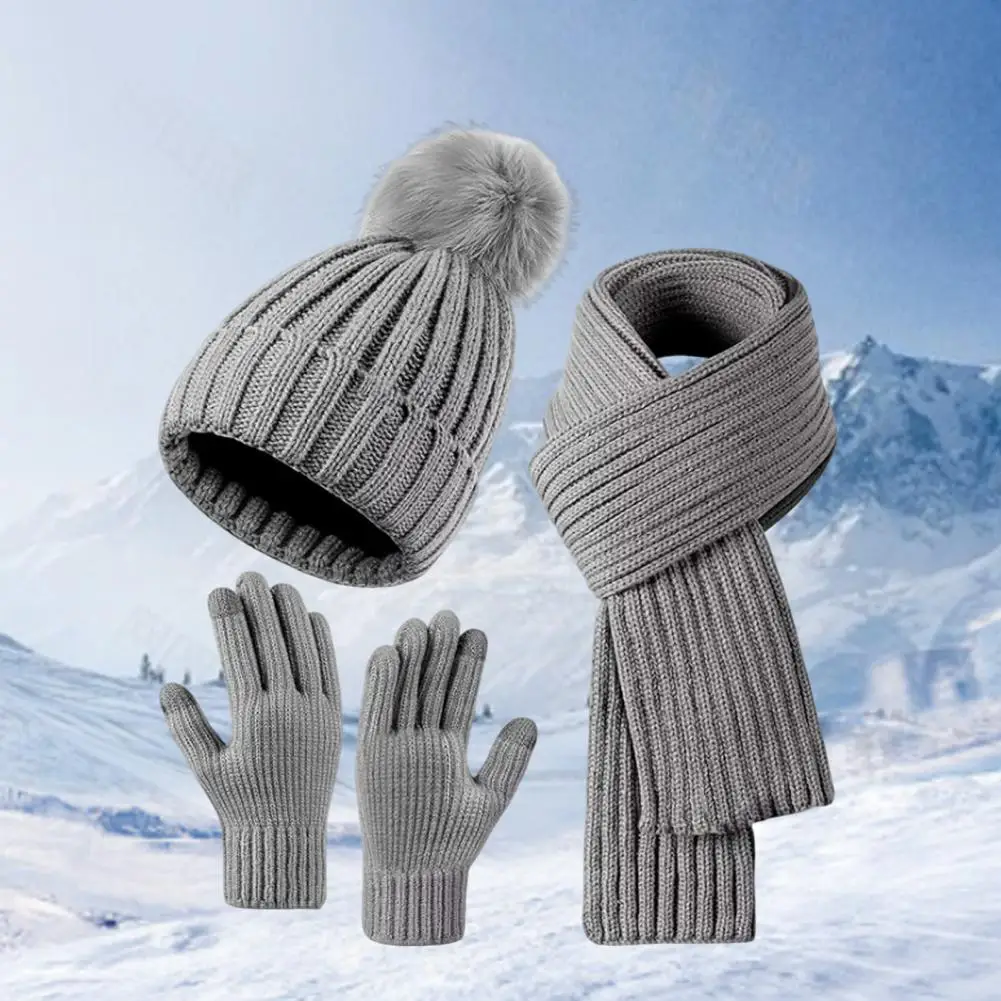 Winter Glove Hat Set Winter Beanie Scarf Gloves Set for Women Knitted Warm Cap with Friction Palm Gloves Elastic Ear Protection