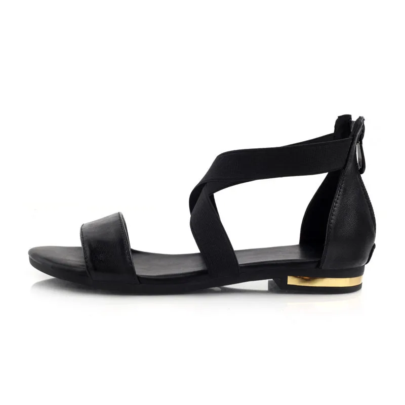 2023 Genuine Leather Women Sandals Hot Sale Fashion Summer Sweet Women Flats Heel Sandals Ladies Shoes Black