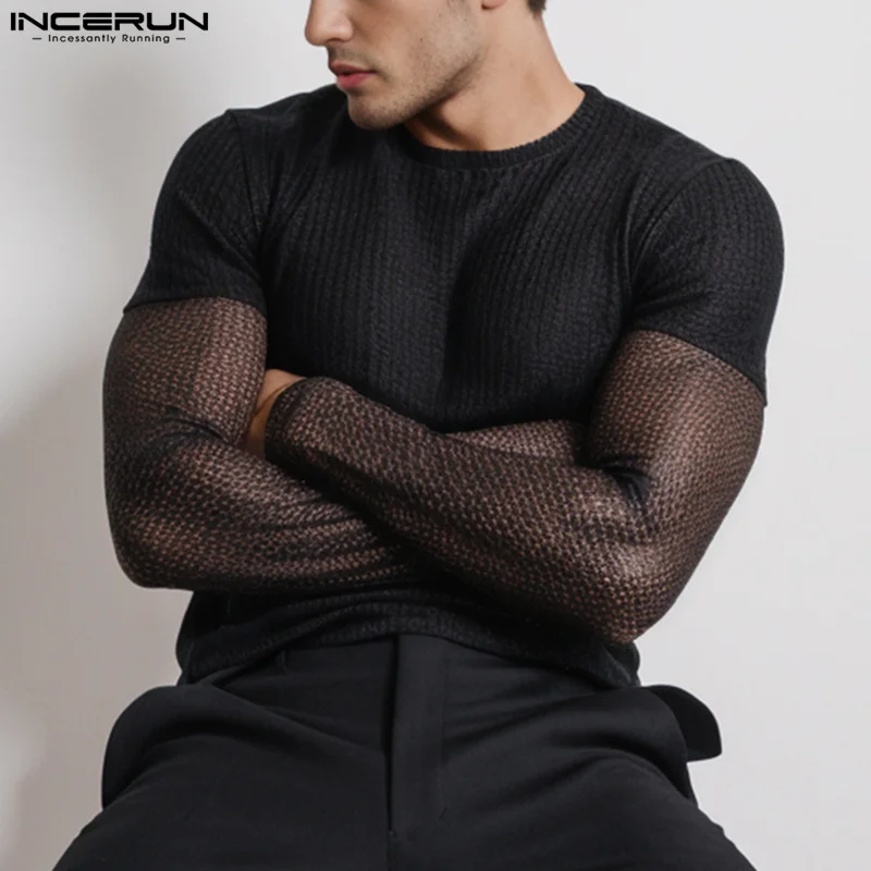 Stylish Casual Style Tops INCERUN Men Tight Fitting Patchwork Mesh T-shirts Sexy Male Hot Sale Long Sleeved Camiseta S-5XL 2024