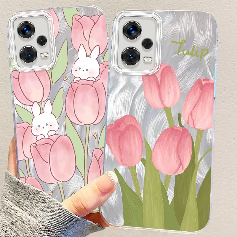 

Tulip Rabbit Pink For Xiaomi Redmi Note 13 12 11 11S 10 10S 9 9S 8 Pro Plus Max 5G Feather Yarn Funda Phone Case