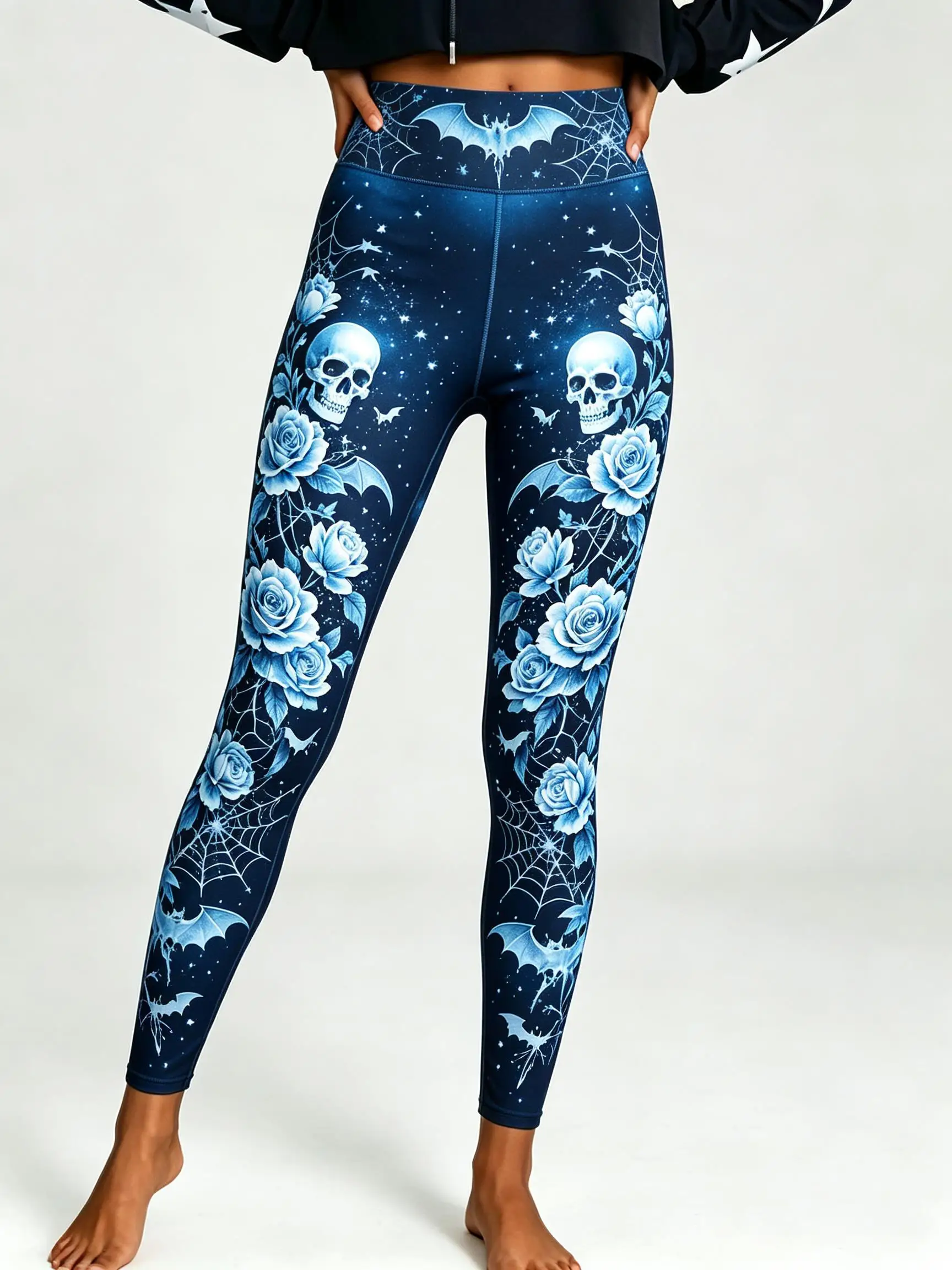Women Halloween Fleece Mid‑Rise Leggings Skull Rose Spider Web Bat Full Print Stretch Slim Pants