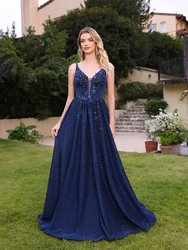 Shiny Navy Blue Evening Dresses For Women 2024 A Line Elegant Appliques Beadings Backless Prom Gowns Formal Party Robe De Soiree