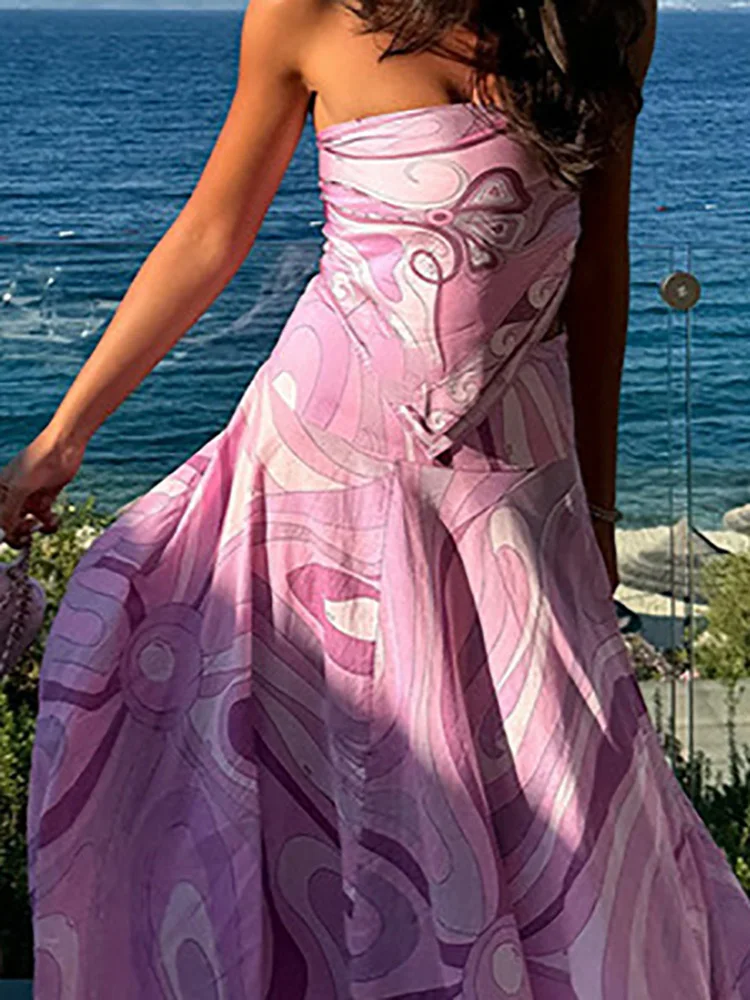 

Women Fashion Irregular Lace Up Pleated 2pc Sets Lady Summer Chic Holiday Party Outfits Sexy Printed Strapless Top Skirts Suit