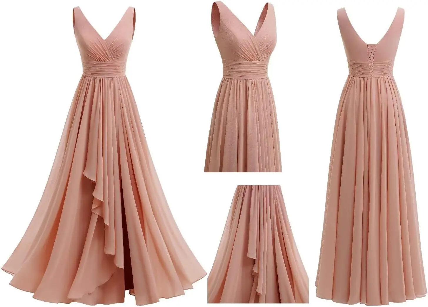 Damen-Brautjungfernkleider aus Chiffon mit Rüschen, V-Ausschnitt, lang, mit Taschen, A-Linie, formelle Kleider mit Schlitz, Abendkleider