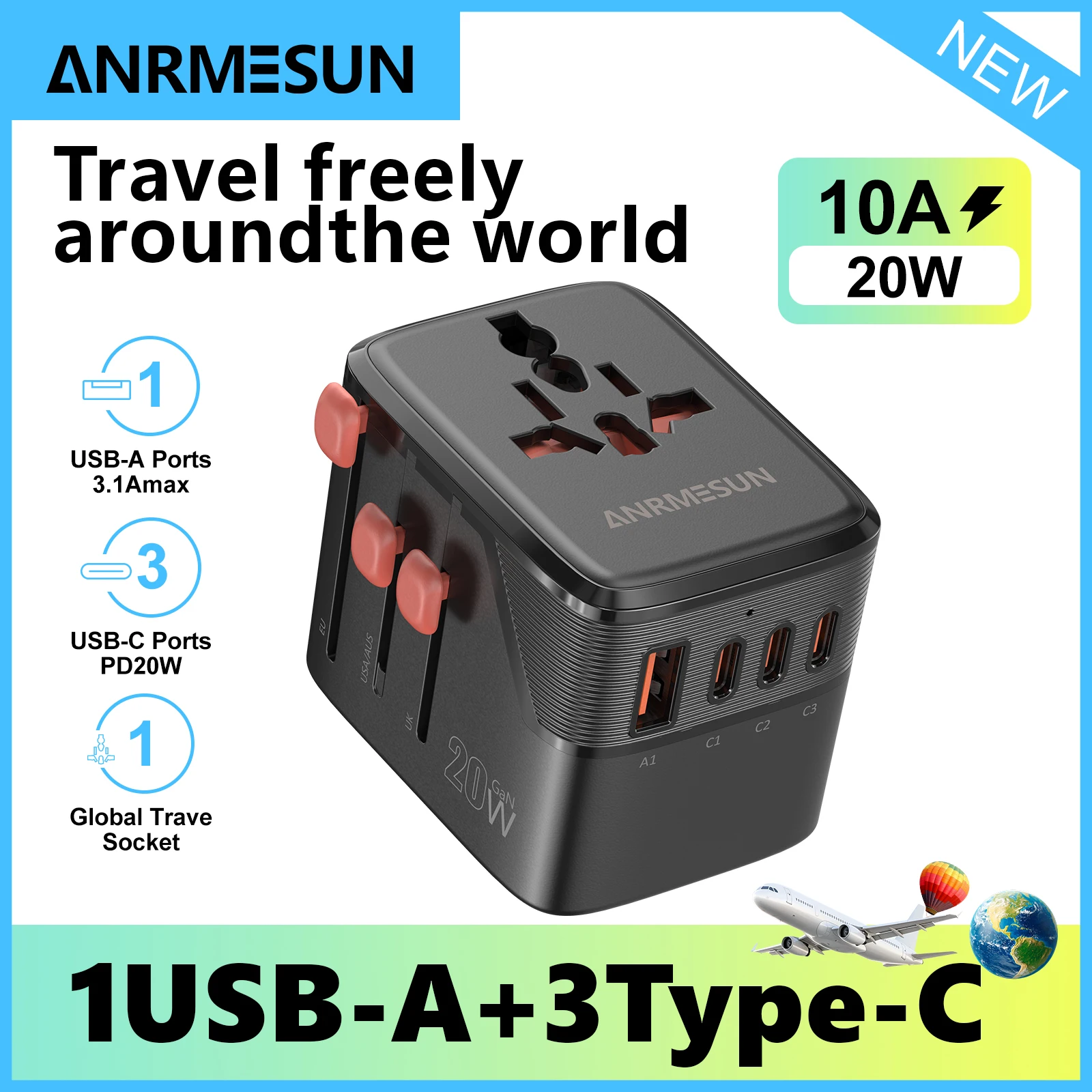 Universele reisadapter met 4 stopcontacten 1 USB-poort 2 Type-C PD 25 W Alles-in-één snel opladen op EU UK US AUS-stekker opladen