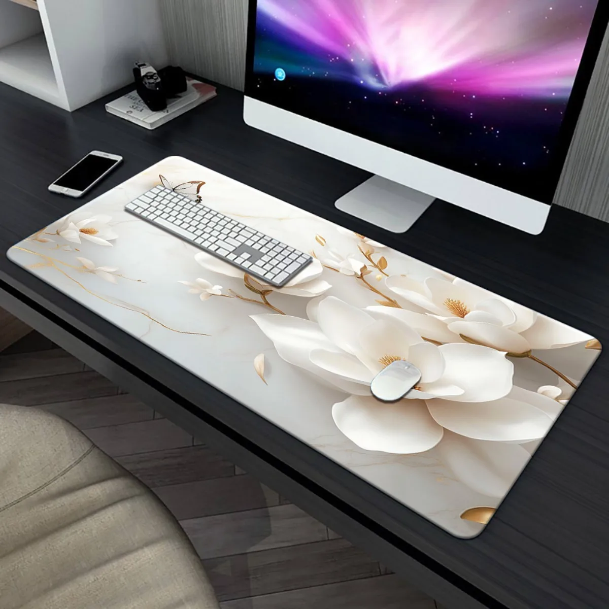 

1pc XXL White Magnolia Floral Mouse Pad with Marble Texture & Golden Accents - Non-Slip Rubber Base, Large Desk Mat for Gaming,