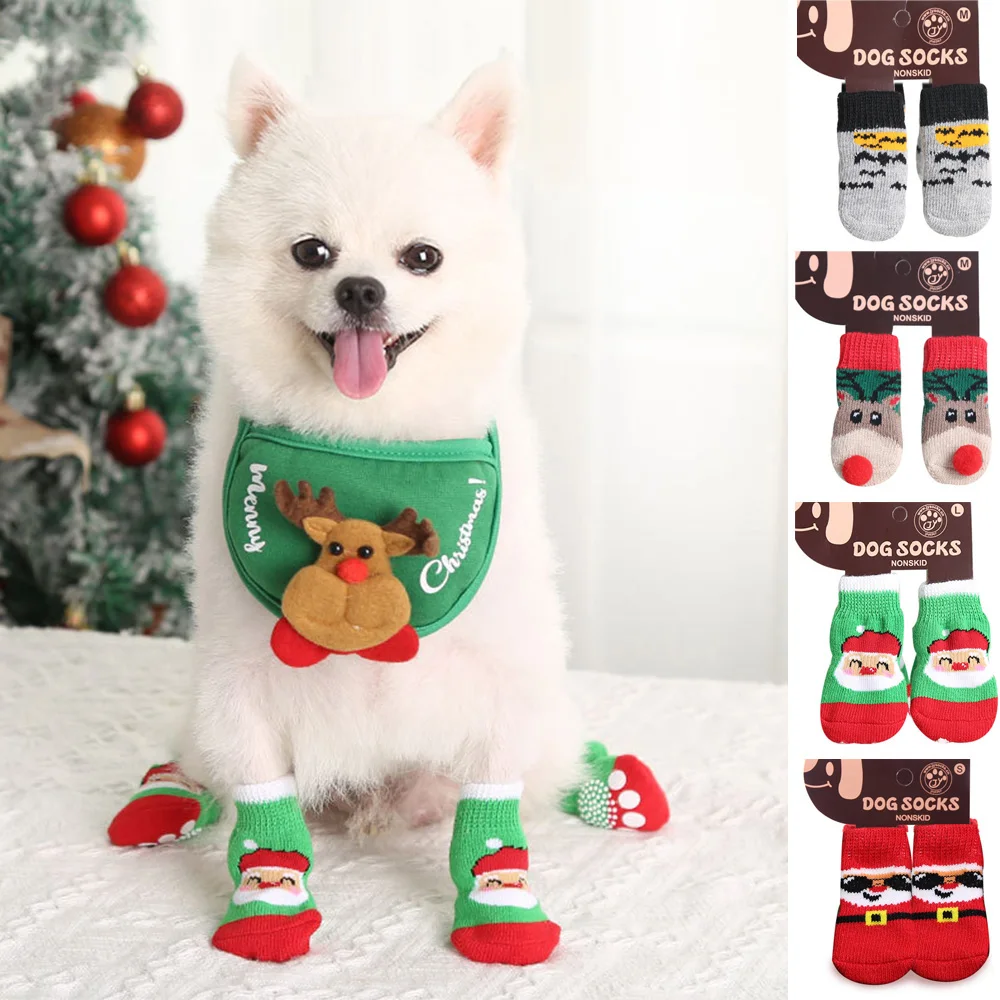 Hot Pet Foot Covers Non-Slip Pet Christmas Socks Dog Cat Small Anti Slip Shoes Cover Pet Socks Puppy Knitted Paw Protector 4PCS