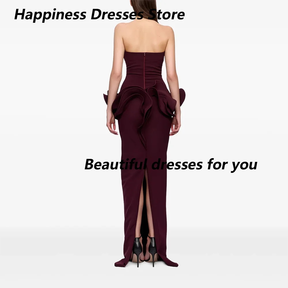 Bourgondische avondjurk Jersey vloerlengte sexy strapless backless galajurken mode rugsplit Saoedi-Arabische feestjurk