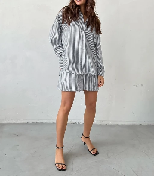 Women Shorts Set Single-Breasted Button Sleepwear Home Blue Stripe Long Sleeve Shirt & Loose High Waisted Pocket Wide Leg Shorts