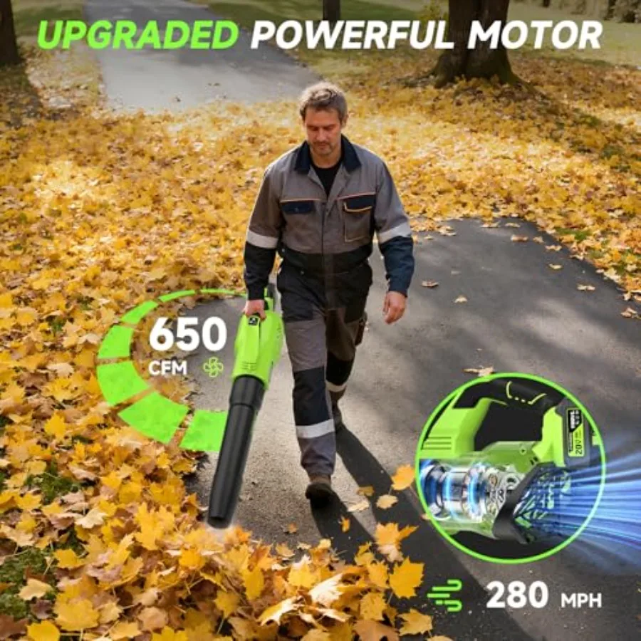 650 CFM Cordless Leaf Blower, 3 Speed Settings, Equipped with 2 x 5.2Ah 5.2Ah Batteries and Charger, Adjustable Shoulder Strap, Sturdy Black Grey Plastic Construction for Lawn Yard Garden Care
