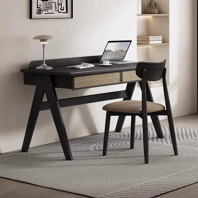 Nordic solid wood rattan desk French retro style ash wood dresser makeup table bedroom learning computer desk