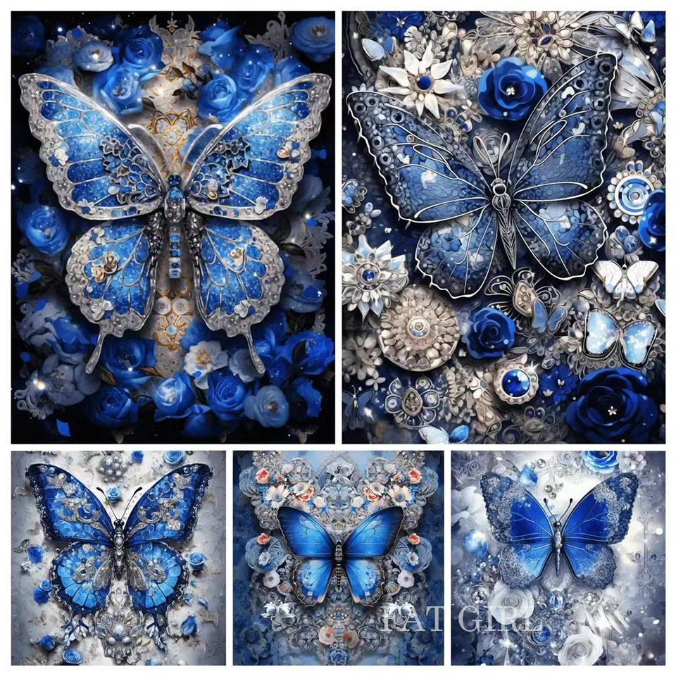 Blue Butterfly Rose Diamond Painting Complete Kit Jewelry Cross Stitch Full Square Round Mosaic Flower 5D DIY Home Decoration