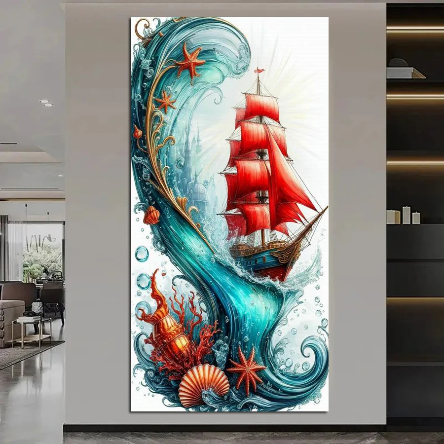 

Red Sailboat Waves Large Size New Diy Diamond Arts Painting Kits Scenery Full Drill Mosaic Embroidery Picture Wall Decor