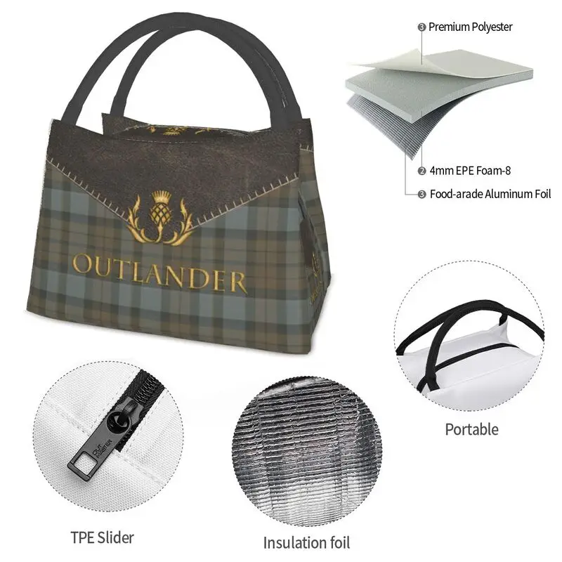 Custom Outlander Leather And Tartan Resuable Lunch Box Women Leakproof Scottish Art Cooler Thermal Food Insulated Lunch Bag