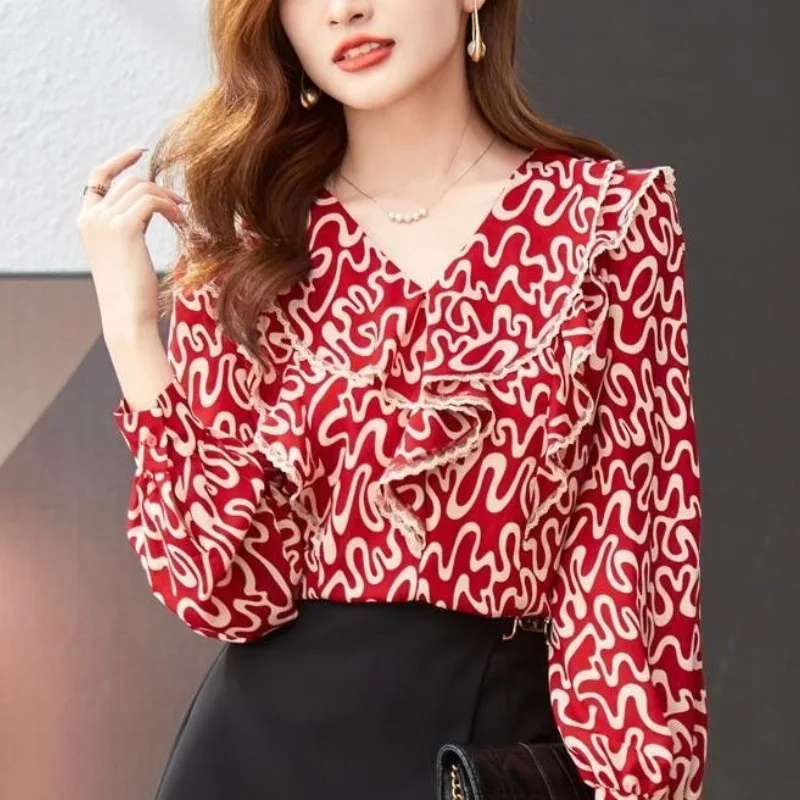 V-neck Floral Ruffled Chiffon Shirt Top 2024 Women\'s Spring Clothing New Fashion Versatile Belly Covering Long Sleeved Shirt