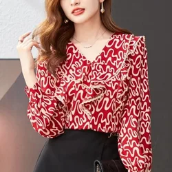 V-neck Floral Ruffled Chiffon Shirt Top 2024 Women's Spring Clothing New Fashion Versatile Belly Covering Long Sleeved Shirt