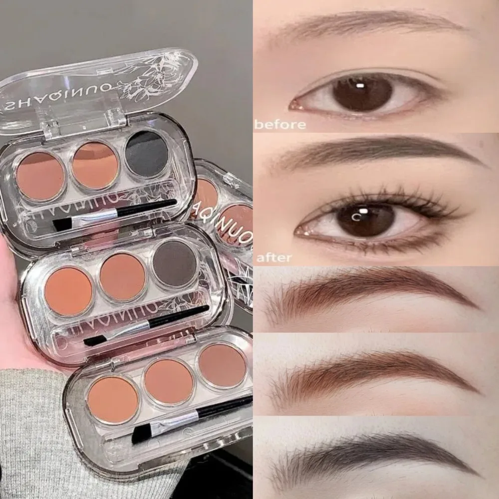 3-farbige Augenbrauen-Puder-Palette mit Augenbrauenpinsel, wasserfest, natürliche Farbwiedergabe, Augenbrauenpuder, langanhaltendes Make-up