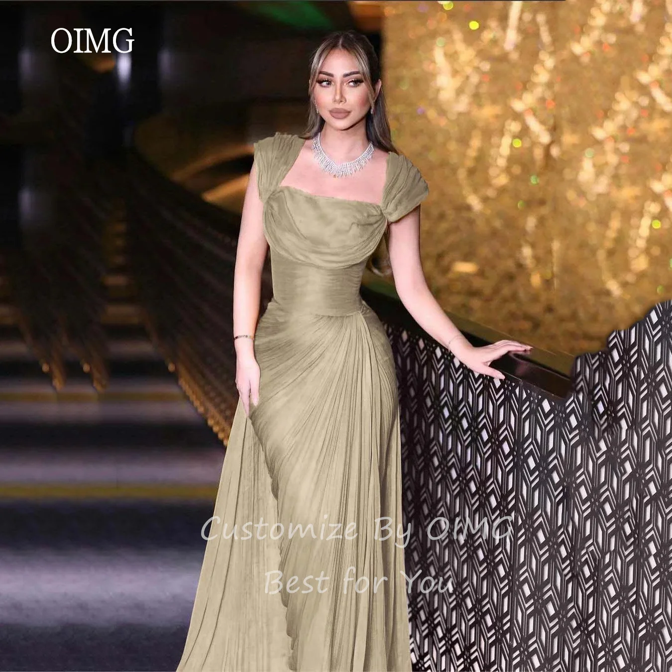 OIMG Elegante blu sirena abiti da ballo collo quadrato pieghettato abito da festa lunghezza pavimento abito da sera abiti da festa personalizzati